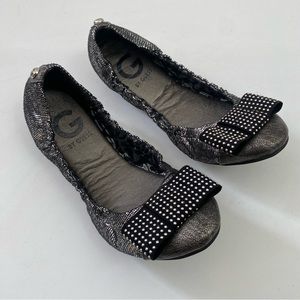 Guess Ballet Flat Shoes 5.5 M Silver Black Bow Slip On Comfort Shoes